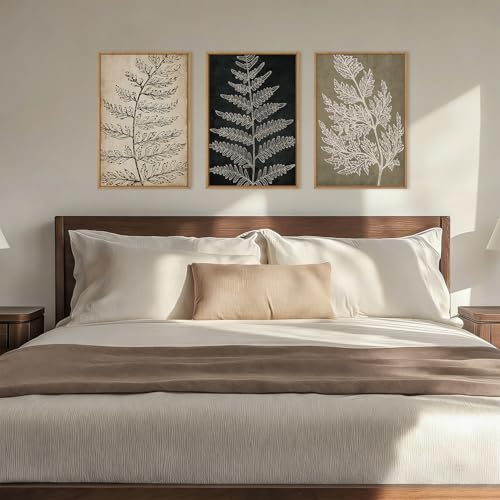 Image of KAIRNE Vintage Botanical Fern Framed Canvas Wall Art Set, Retro Fern Leaf Wall Decor, Rustic Black Tan Art Prints, Modern Minimalist Leaves Artwork for Living Room,Bedroom,Farmhouse,Office-24 x36 x3