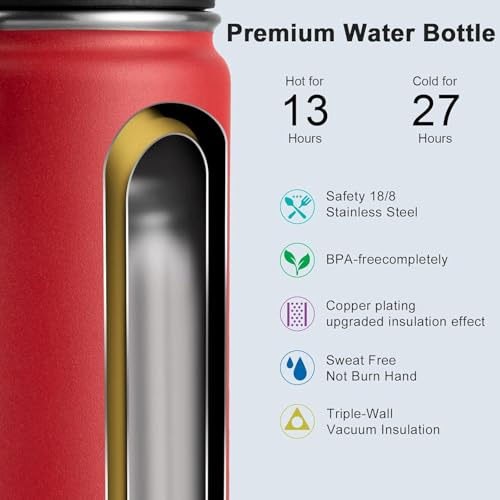 Image of koodee Water Bottle 2 Pack 12 oz Stainless Steel Vacuum Insulated Wide Mouth Sports Water Bottle with Leakproof Spout Lid (Canyon Red-Black)