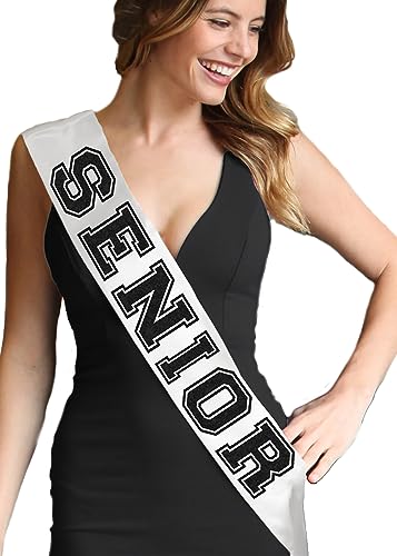 Senior Night Sashes - Black Sparkle White Premium Grade Satin Sash - Senior Night Gifts - White Sash (Blk Snr) wht4