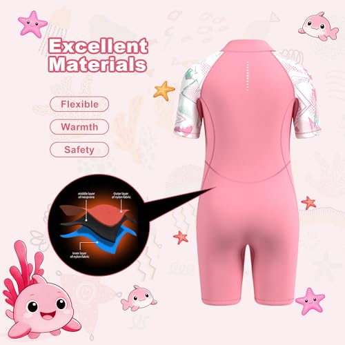 GoldFin Kids Shorty Wetsuit, Toddler Wetsuits Girls 2mm Neoprene Front Zip Wet Suit Keep Warm in Cold Water Swimming Surfing Snorkeling Kayaking, Pink Size 2 - Thumbnail 6