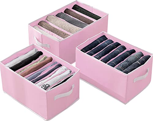 House of Quirk Set of 3 Wardrobe Clothes Organizer for Folded Clothes with Handle, Closet Drawer Organizers for Jeans Pants T-shirt Sweater Kids Clothes (6+7+9 Grids, Pink)