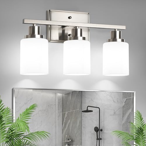 Image of Ascher Bathroom Light Fixtures, 3-Light Vanity Light Over Mirror, Modern Brushed Nickel Wall Sconces with Milky White Shades, Wall Lamp for Kitchen Hallway Cabinet Porch E26 Base