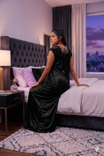 Image of Satin Full Length Nighty for Women, Maroon Maxi Night Gown with Lace Detail, Soft Breathable Fabric, Stylish Night Dress