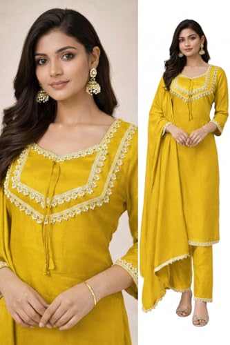 Image of Women's Ethnic Kurta Pant Suit Set, Lace Embellished Kurta with Palazzo Pants and Dupatta.