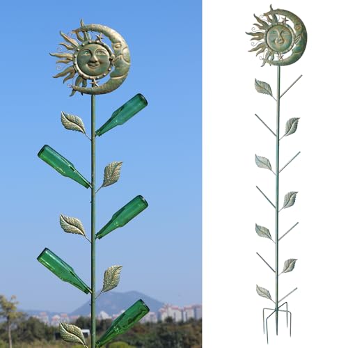 71 H Moon & Sun Face Glass Bottle Tree/Wine Bottle Trees for the Garden Outsides Decorative Bottles Holder for Outside Party andscape Decoration