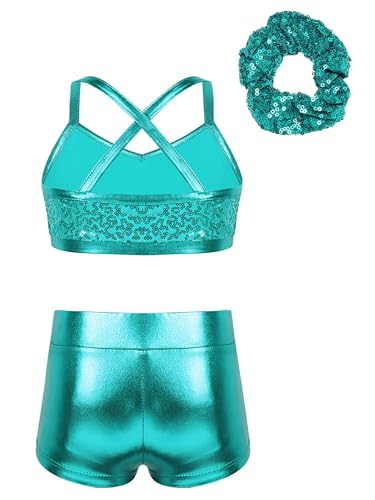 Girls 3 Pieces Dance Outfit Sport Crop Top Bra with Shorts Hair Tie Set Gymnastics Workout Tracksuit2