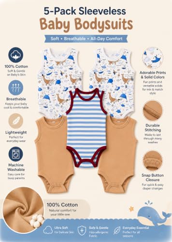 Image of TuddyBuddy 100% Cotton Multicolor Sleeveless Camisole Rompers /Bodysuits for Baby Girl (Pack of 5, 2 Whales 3 Multi, 3-6 Months)