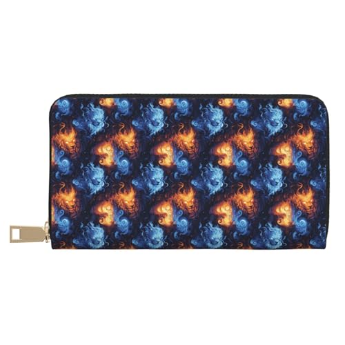 Leather Thin Slim Wallets for Women Men - Fashion Red and Blue Fire Lion Head Print Card Wallet Holder with Zipper
