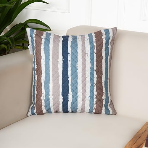 Image of STITCHNEST 'QuadraNest' Series Printed Quilted Velvet Cushion Cover 16x16 Inch Set of 5 | Premium Soft Fabric, Washable & Fade Resistant | Decorative Living Room Cushion Covers | Blue & Beige Striped