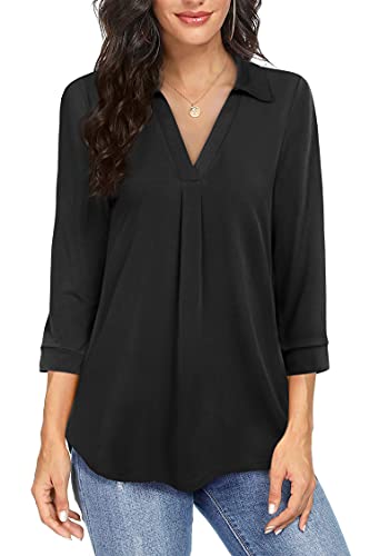Timeson Blouses For Women 2022,Tunic Tops With 3/4 Sleeves Polyester High V Neck Silk Blouse For Casual Work Plus Size Ladies 3/4 Sleeve Dressy Business Office Shirts Flowy Button-Down Juniors Black #TOP1