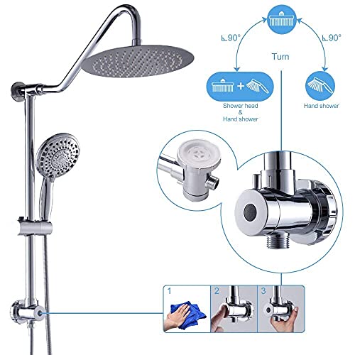 Regadera de lluvia dual Sarlai con mano libre — Cabeza de regadera de lluvia de acero inoxidable de 10 pulgadas, rociador manual de 5 modos con barra deslizante ajustable sin perforación y manguera, acabado cromado miniatura 2