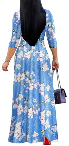 Image of Women's Floral Maxi Dress Summer Casual V-Neck 3 /4 Sleeve Long Bohemian Print Evening Party Dress