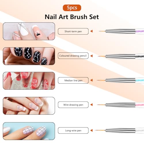 Doubel Ended Nail Art Brushes, 5PCS Nail Design Brushes, Point Drill Drawing Painting Tools Set, Dotting Pen Tools, Drill-Drawing Liner Nails Brush Pen for DIY nails-art Designs (5 Colors) - Image 4