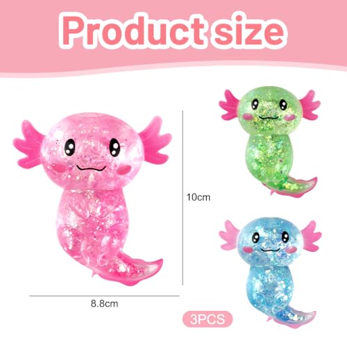 3 Stück Axolotl Squeeze Stress Spielzeug– Stressabbau & Entspannung, Glitzernde Axolotl Antistress Spielzeug Squishy, Squishy Squeeze Toys, Fidget Toys(Grün, Blau, Pink) für Kinder Erwachsener