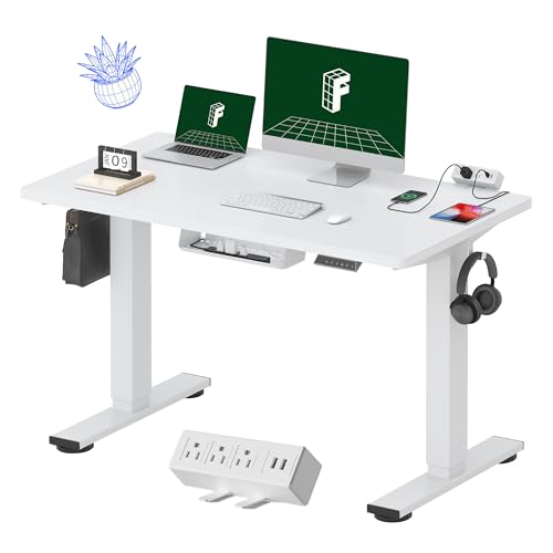 Image of FLEXISPOT EN2 Whole-Piece Standing Desk with Clamp Power Strip, 48x24 Electric Stand Up Height Adjustable Desk with Cable Management (White Frame + 48 inch White Top)