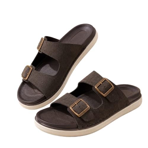 Men's 100% Pure Genuine Leather Double Buckle Comfort Slides | Premium Leather Slip-On Sandals | Cushioned Footbed | Adjustable Buckle | Casual & Everyday Wear-picture-18