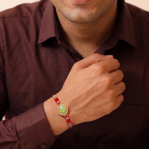 Image of Peora Rakhshabandhan Thread Rakhi for Brother Bhaiya | Kundan Beads & Crystal Studded | Combo Set of 2 | Rakhi Hamper Roli Chawal & Greeting Card