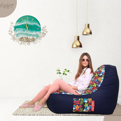 Image of Style Homez Urban Design Denim Canvas Floral Printed Chair Bean Bag XXL Size Filled with Beans Fillers