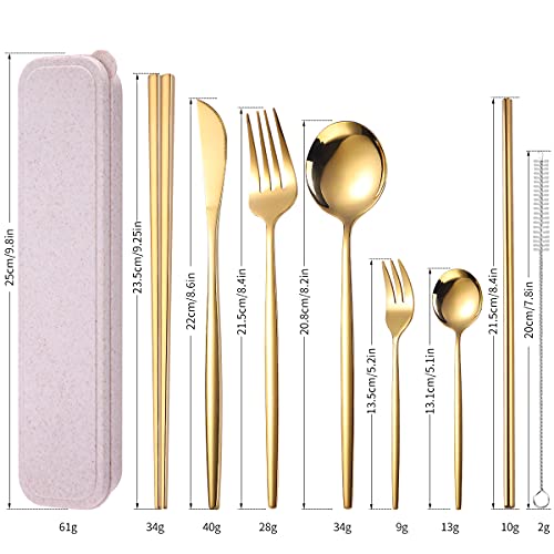AARAINBOW 8 Pieces Stainless Steel Flatware Set Portable Reusable Cutlery Set Travel Utensils Set Including Chopsticks Knife Fork Spoon Straws Cleaning Brush Dishwasher Safe (Golden) by AARAINBOW - Used condition - Image 2