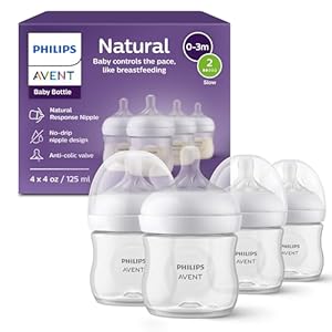 Philips Avent Natural Baby Bottles with Natural Response Nipples (Slow Flow, Flow 2), 4oz, 4-Pack, SCY900/04