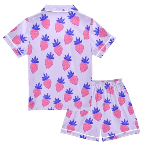 Strawberry Purple Cute Cartoon Pattern Summer Satin Pajama Set, Cute Button-Down Sleepwear Pj Set for Sleep Wears2