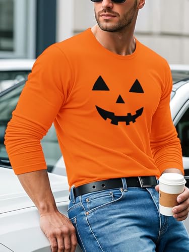 Men's Halloween Sweatshirt - Long Sleeve Crew Neck Spooky Pumpkin Graphic Tees Lightweight Basic Top Holiday Wear4