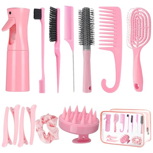 Hair Brush Set 14 Pcs Hair Brushes Hairdressing Tools Hair Care Styling Tools Includes Transparent Cosmetic Bag Spray Bottle Edges Brush Curly Hair Brush Round Brush Scalp Brush And Hair Clips