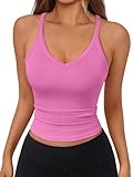 Trendy Queen Womens Racerback Ribbed Tank Tops Soft Stretch V Neck Workout Casual Tops Summer Sleeveless Crop Camisole BarbiePink L