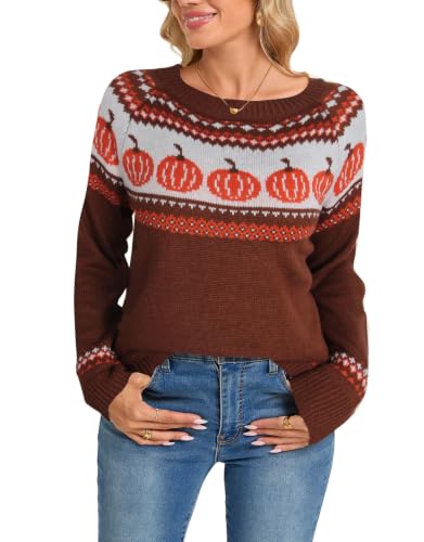 Image of Women's Fair Isle Sweater Crew Neck Long Sleeve Heart Sweater Vintage Tops