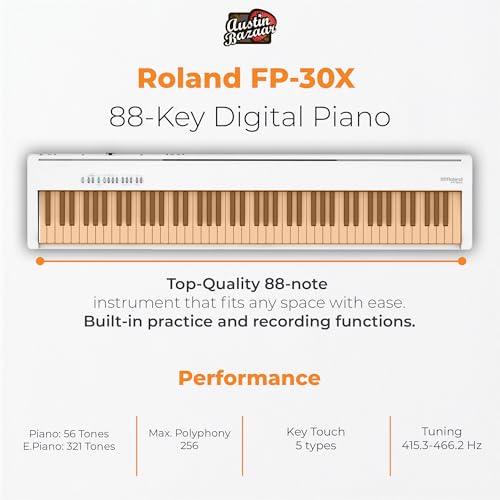 Image of Roland FP-30X 88-Key Digital Piano - White Bundle with Adjustable Stand, Bench, Sustain Pedal, Online Piano Lessons, Instructional DVD, and Austin Bazaar Polishing Cloth