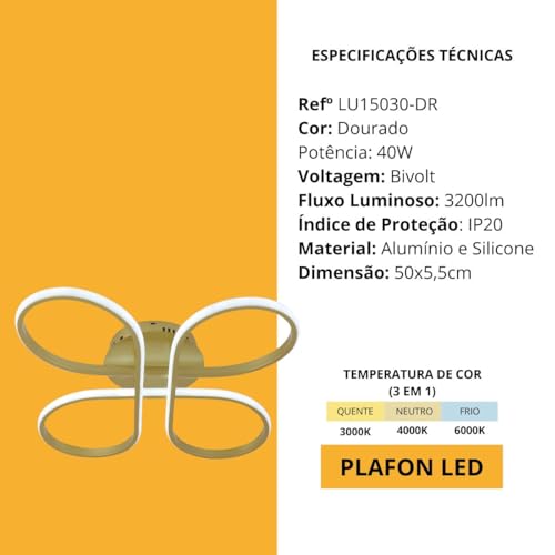 Luminária Plafon Alva Sala E Quarto Dourado Lumier 3 em 1 (3000|4000|6000K) 40W IP20 (Dourado)