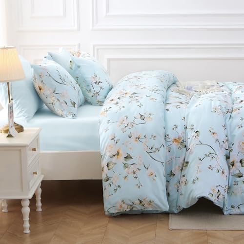 Image of MUXHOMO Ceiba Blue Full Comforter Set, Elegant Floral Print Bed in a Bag 7 Pieces, Ultra Soft & Breathable Reversible Botanical Pattern Bedding Set with Comforter, Sheets, Pillowcases, and Shams