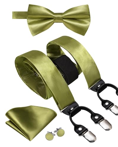 Image of Hi-Tie Olive Green Satin Suspender Bowtie Set for Men Suspenders Pre-tied Bow Tie Pocket Square Cufflinks Adjustable Y Shape 6 Clips Braces Tuxedo