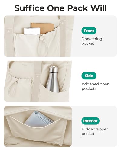 bagsmart Damen Handtasche, Faltbare Einkaufstasche Sporttasche Strandtasche, 20L Reißverschluss Umhängetasche mit Laptopfach für Reisen Arbeit Fitness, Beige
