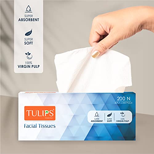Image of Tulips Facial Dry Tissue Paper - Super Soft, Super Absorbent & 100% Pure | 2-Ply x 200 Pulls | Gentle, Durable & Travel-Friendly Tissue for Home, Car & Office (Pack of 3)