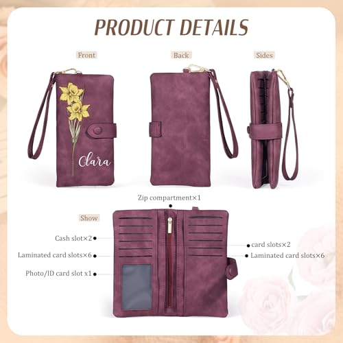 Custom Leather Wallet for Women - Personalized Bi-Fold Wallet with Birth Flower & Name - PU Leather Wallet Gifts for Mom, Wife, Grandma, Her4