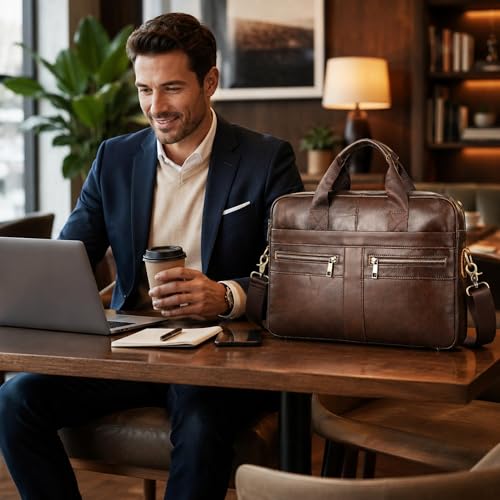 Image of Men's Leather Laptop Bag 15 IN, Water-Resistant Briefcase Messenger Bag for Work, Business, Shoulder Crossbody Office Satchel