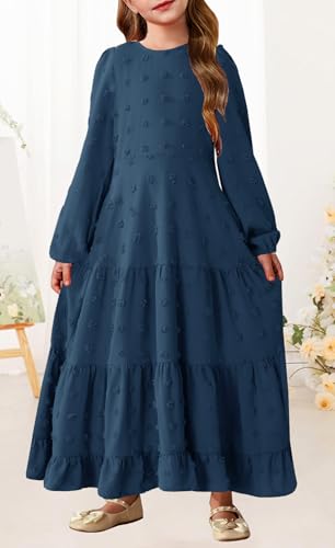 HOSIKA Girls Maxi Dress Long Sleeve Swiss Dot A Line Tiered Flowy Casual Party Dresses with Pockets for 6-12 Y3