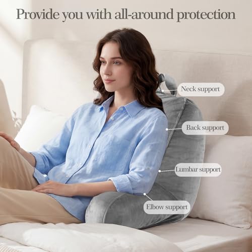 Reading Pillow for Bed with Arm Support, Large Backrest Cushion for Sitting Up in Bed, Plush Ergonomic Back Pillow for Reading, Watching TV, Gaming & Relaxing,Pillow with Shredded Memory Foam,Grey - Thumbnail 2