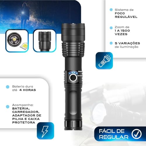 Lanterna Tática T9 Led Recarregável P50 USB Super Potente Zoom Longo Alcance para Trilhas Pesca Vigi