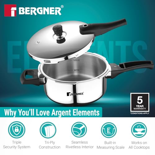 Image of Bergner Argent Elements Triply Stainless Steel 3.5 L Outer Lid Pressure Pan, Healthy Cooking, Even Heat Distribution, Sturdy Handle, Easy Lock System, Safety Gasket - Induction and Gas Stove Ready