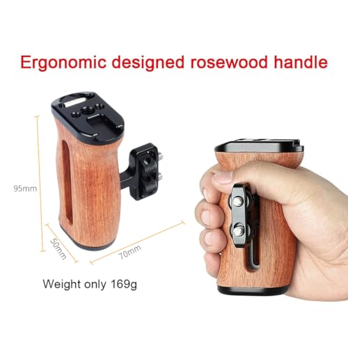 Image of Wooden Camera Cage Side Handle Grip with Cold Shoe, Left /Right Adjustable Side Handle Hand Grip with 1 /4 3 /8 Thread Holes for BMPCC Mirrorless DSLR Camera Cage Shoulder Mount
