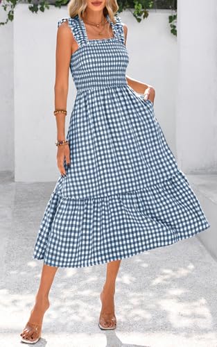 Image of PRETTYGARDEN Women's Summer Dress Casual Ruffle Strap Gingham Midi Sundress | Square Neck, Smocked Boho Dress, Flowy A Line, Homecoming, Party, Maxi Sun Dresses for Beach Vacation