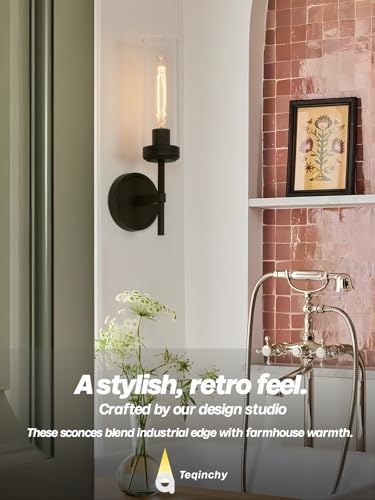 Image of Modern Wall Sconces Set of Two, Black Bathroom Vanity Light with Handblown Clear Glass Hardwired Wall Sconce Light for Bathroom Mirror Bedroom Livingroom Hallway Indoor