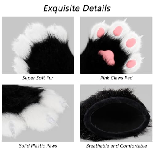 hbbhml Kunstpelz Plüsch pelzige Katze Kralle Handschuhe Fursuit Tier Fuchs Pfoten Fäustlinge Halloween Kostüm Zubehör für Erwachsene