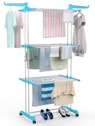 Image of Premium 3 Layer Clothes Drying Stand with Wheels | Foldable Wings | Double Pole Alloy Steel Rack | 360 Rotatable Hanger Rods | Portable Balcony Laundry Dryer Space Saving | 43.2D x 78.7W x 165H cm