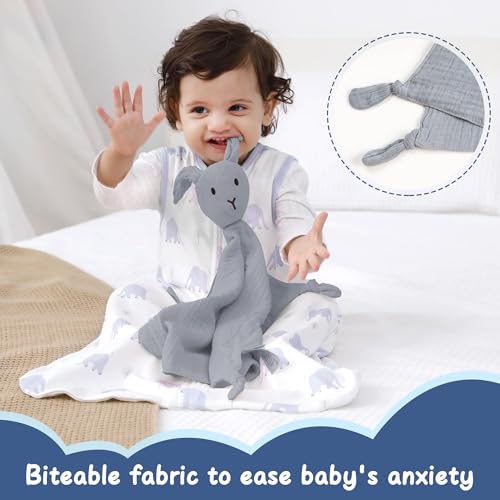 Image of ZIGJOY Bunny Lovey Muslin Cotton Baby Security Blanket Soft Breathable Lovies for Babies Gifts for Newborn Infant Toddler Boys and Girls, Grey & Blue