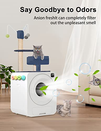 Self Cleaning Cat Litter Box With Cat Tree Scratching Post, Automatic Cat Litter Box For Multiple Cats With App Control Odor Removal Integrated Safety Protection Smart Robort Blue #TOP1