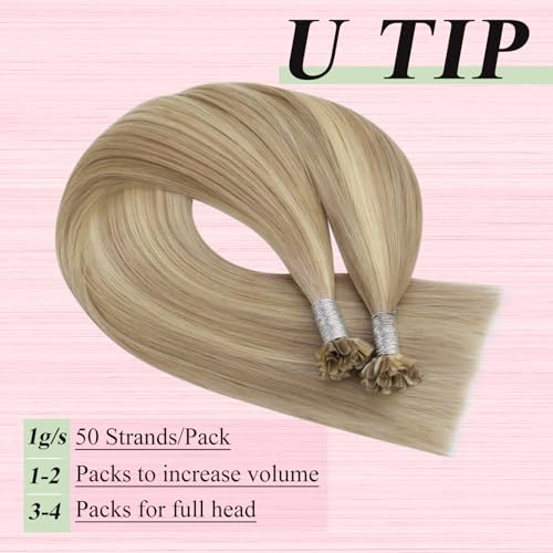 Image of YoungSee U Tip Hair Extensions Human Hair Highlight Golden Blonde and Medium Blonde Ktips Hair Extensions Real Hair 18 Inch U Tips Human Hair Extension Straight K Tip Extension Add Volume 1G /S 50G