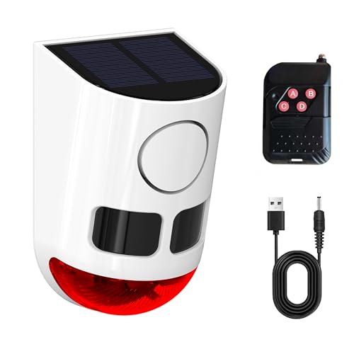 Solar-Blitzlicht-Bewegungsmelder-Alarm: Hundegebell und Schussgeräusche, 13 Arten von Warnton-Loop-Wiedergabe, 130 dB-Geräuschmacher, 4 Betriebsmodi, wasserdicht für Zuhause, Bauernhof (1 Pack)